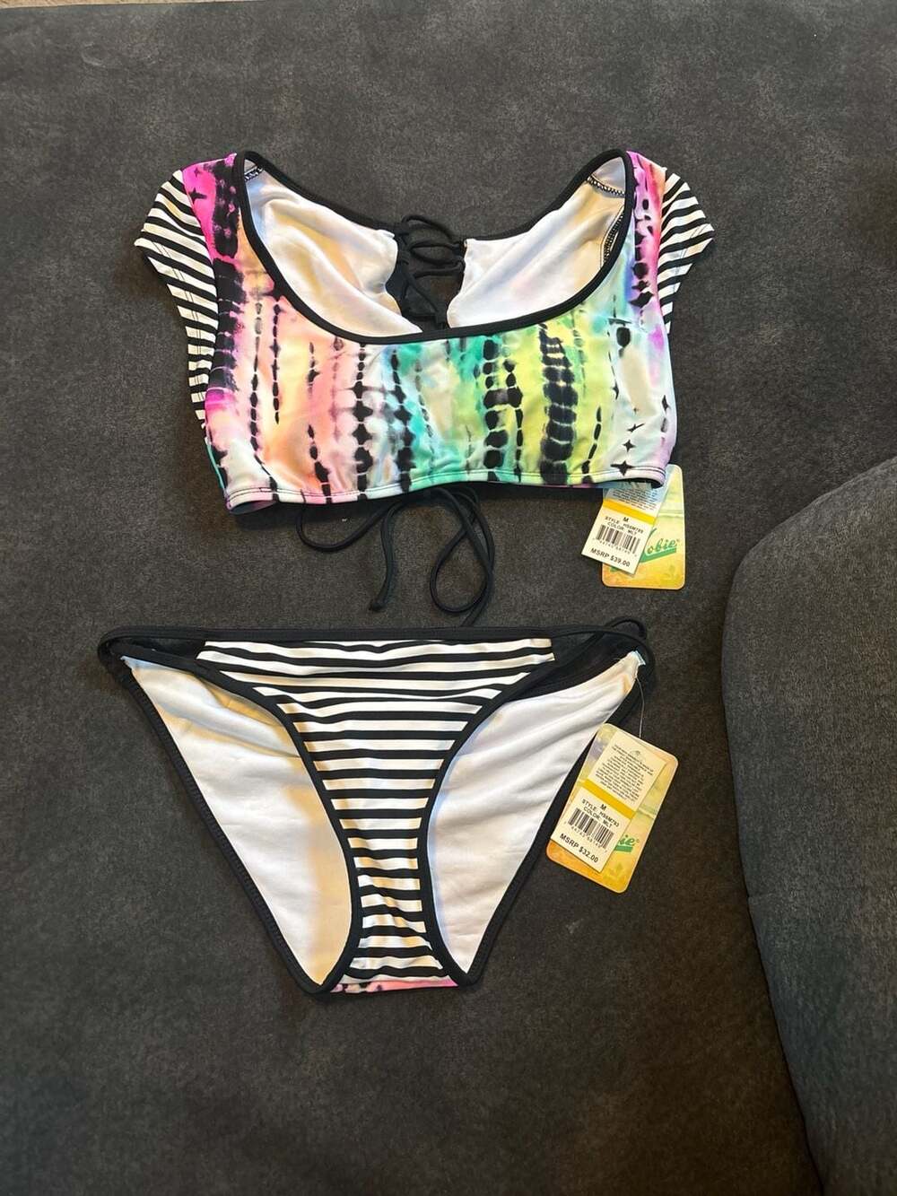 Hobie Tie-Dye and Striped Lace-Up Bikini Set Size M